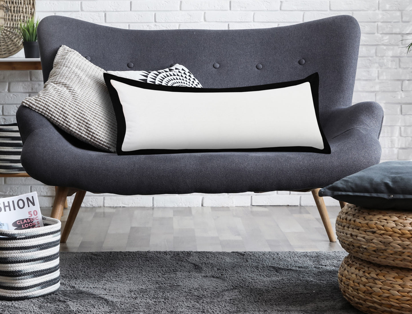 20" X 20" White And Black 100% Cotton Geometric Zippered Pillow
