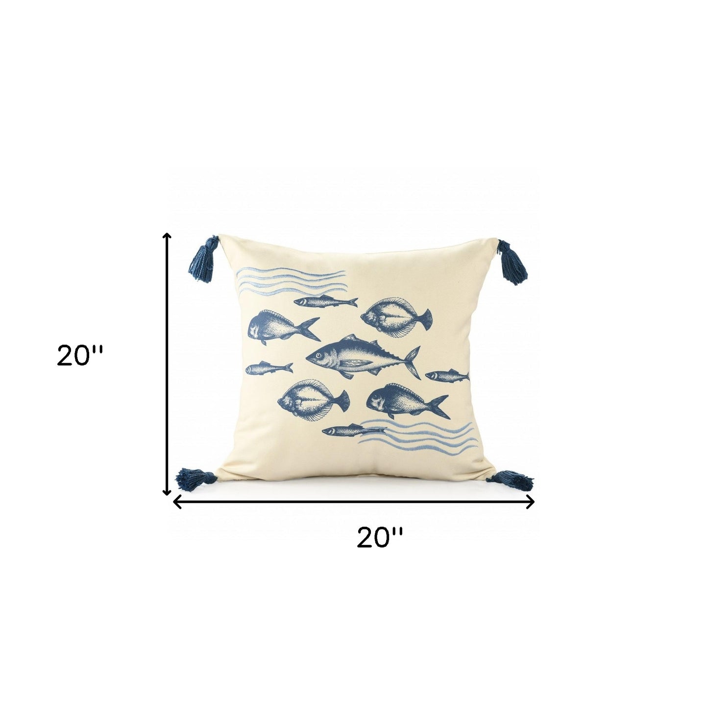 20" X 20" Blue And Cream Fish Polyester Animal Print Zippered Pillow