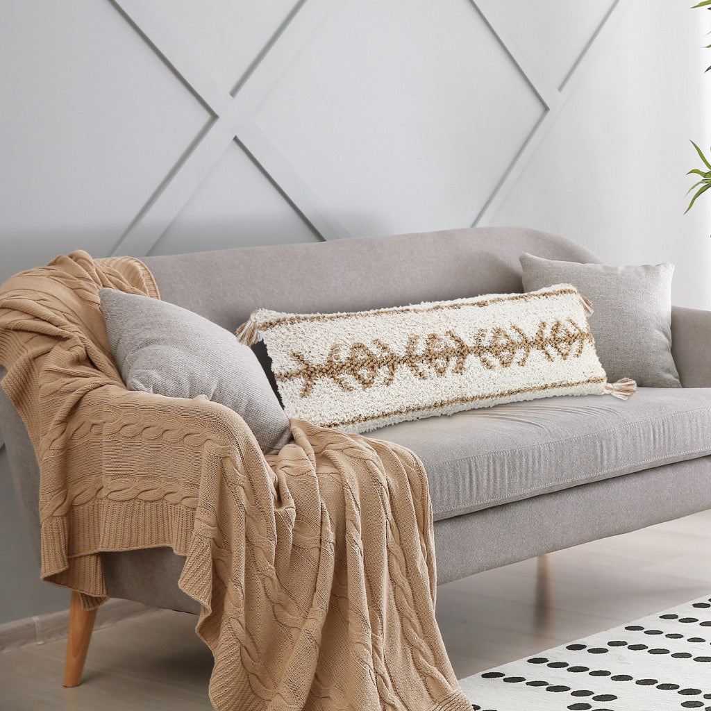 20" X 20" Beige And White 100% Cotton Geometric Zippered Pillow