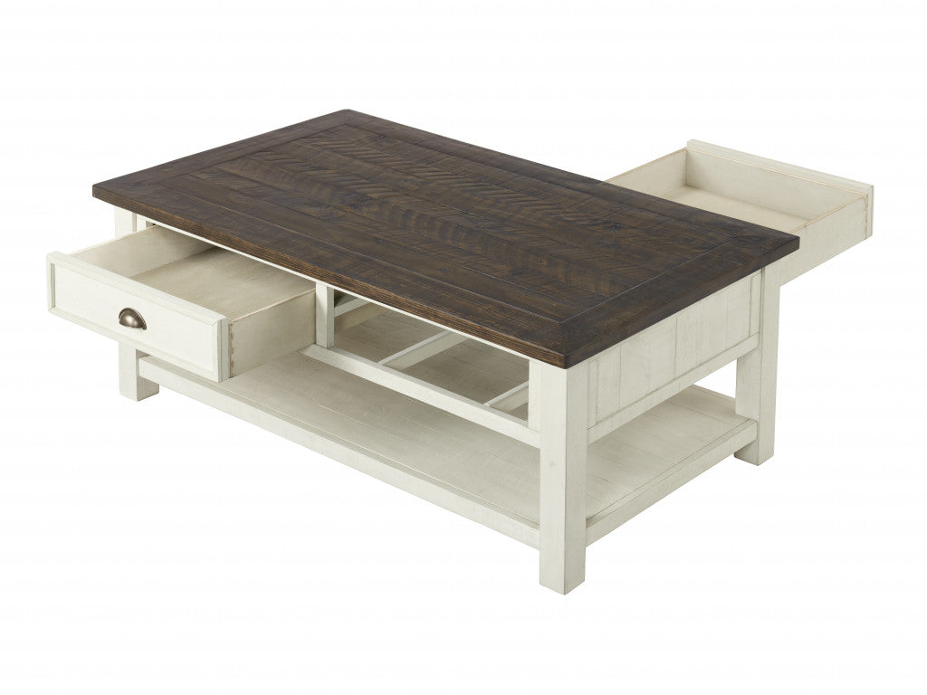 50" Cream And Brown Wood Distressed Coffee Table With Storage