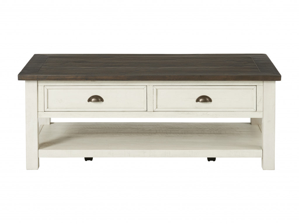50" Cream And Brown Wood Distressed Coffee Table With Storage