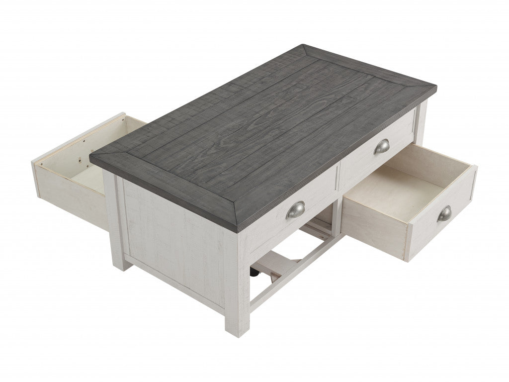 48" White And Grey Solid Wood Distressed Lift Top Coffee Table With Storage