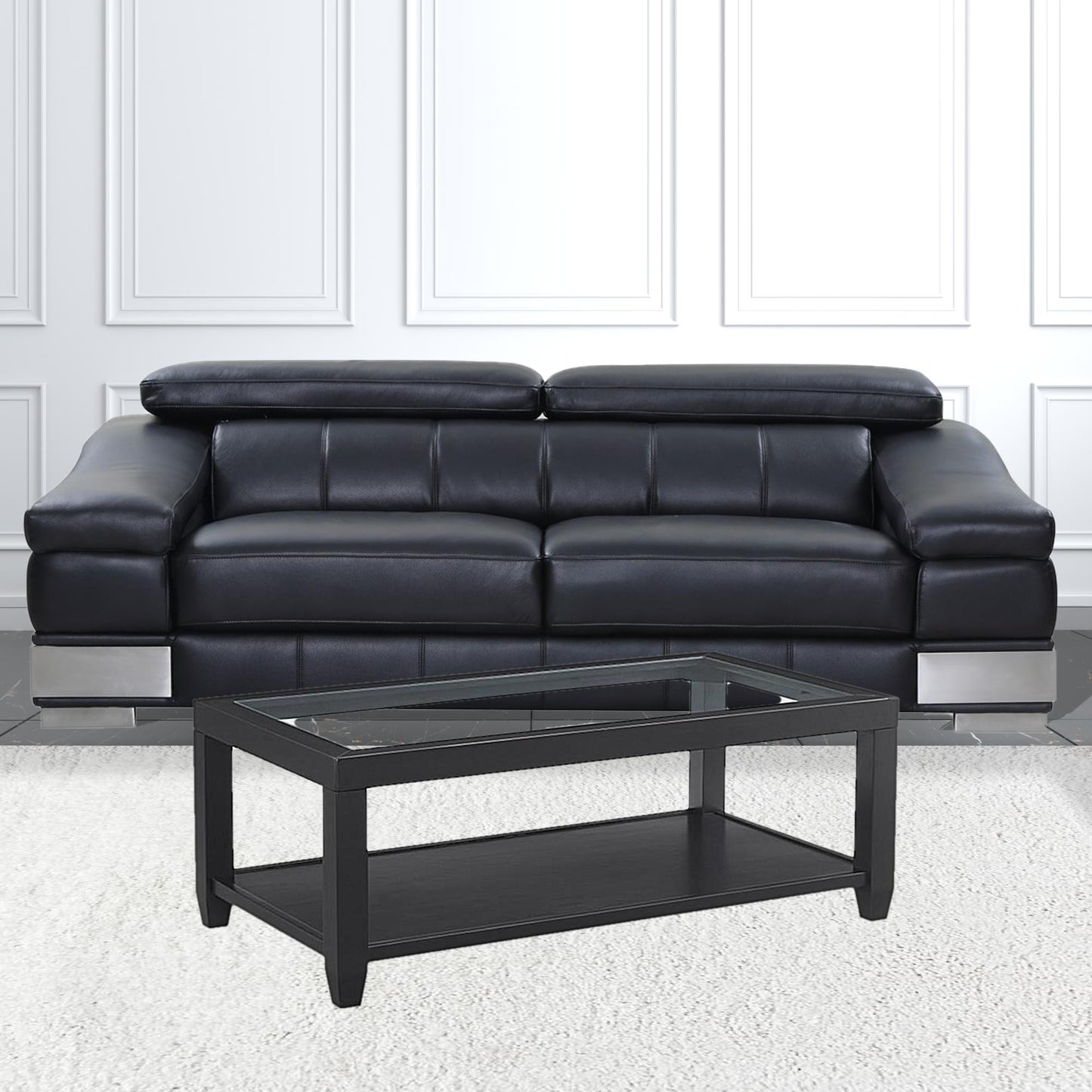 48" Black Glass Rectangular Coffee Table With Shelf