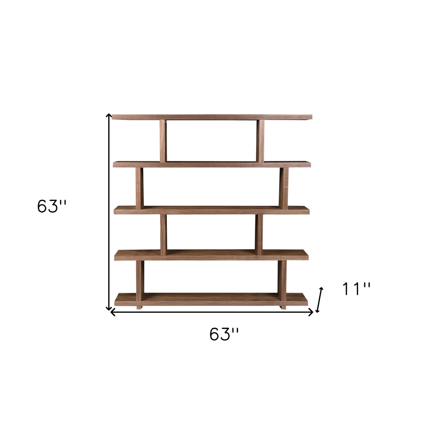 63" Walnut Wood Five Tier Asymmetrical Open Bookcase