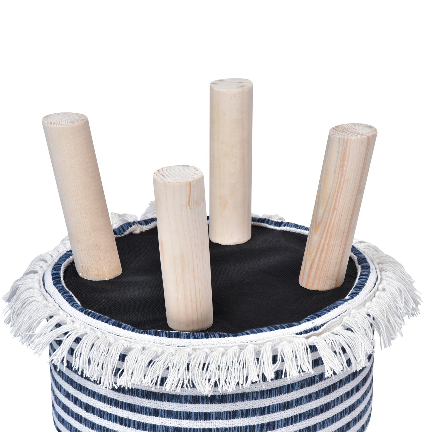 16" Blue And White Cotton And Natural Round Striped Ottoman