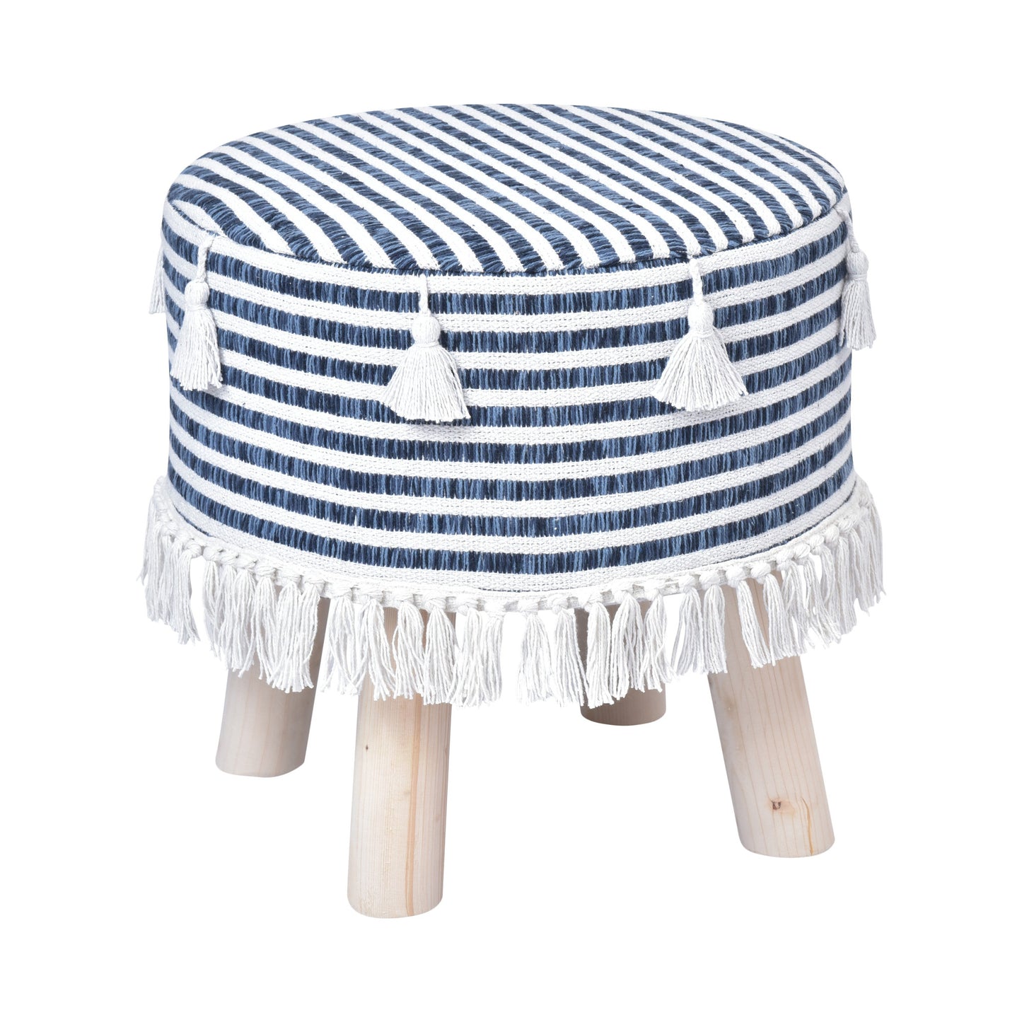 16" Blue And White Cotton And Natural Round Striped Ottoman