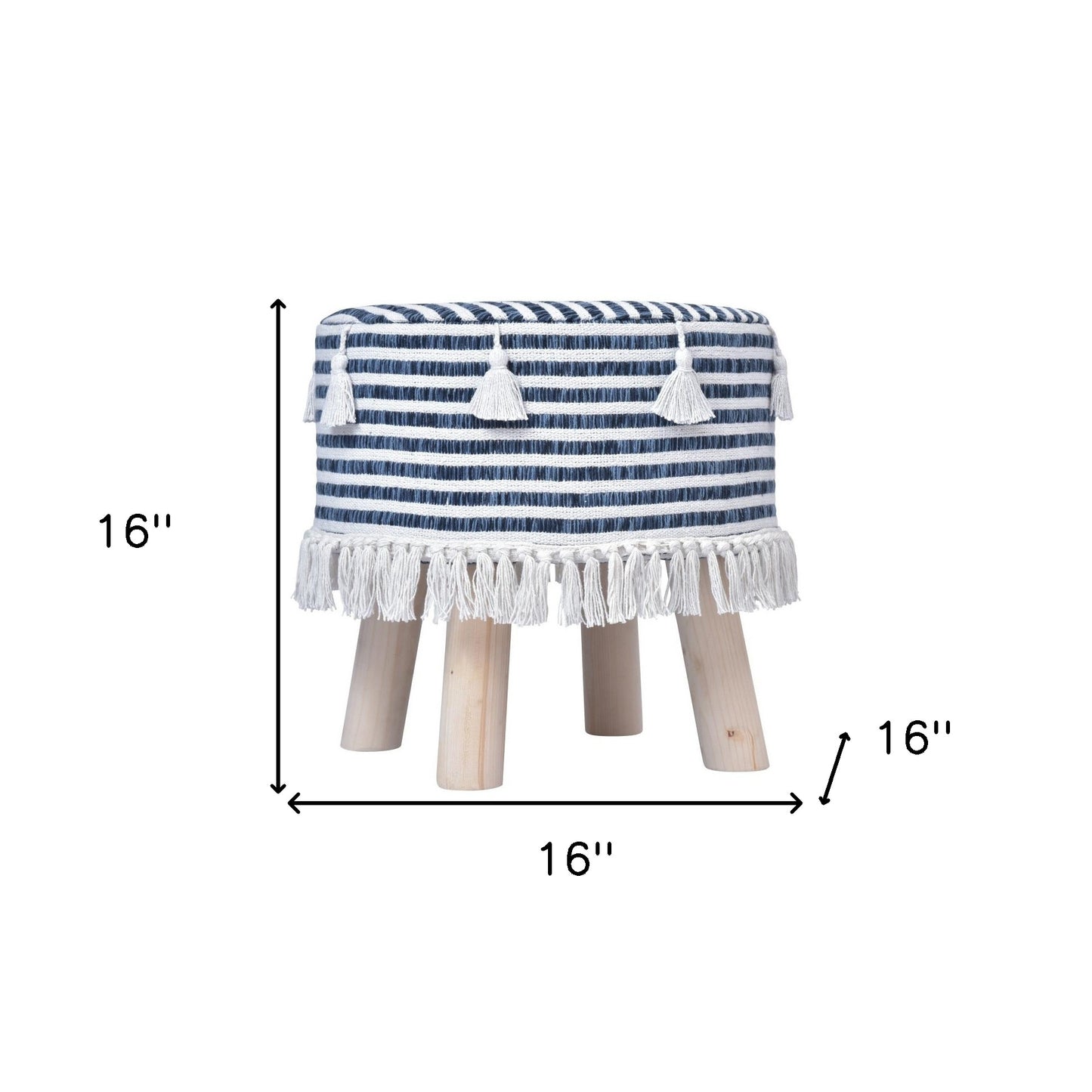 16" Blue And White Cotton And Natural Round Striped Ottoman