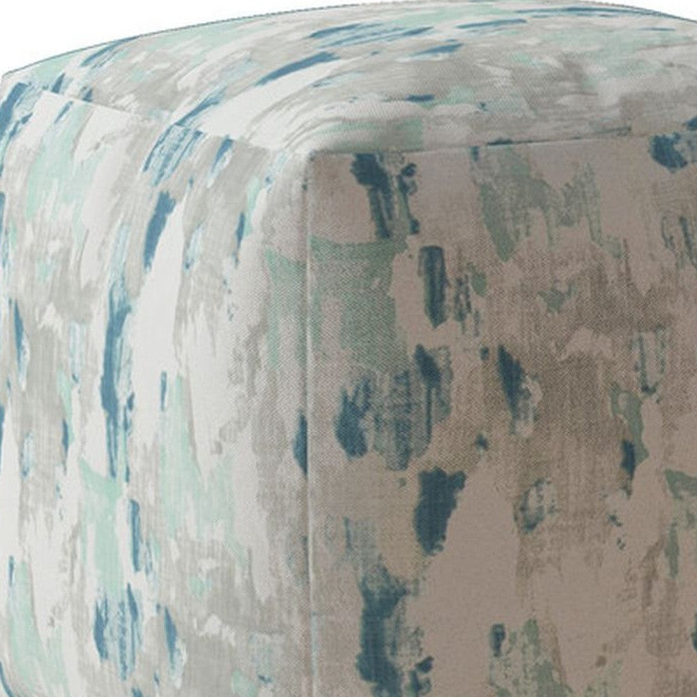 17" Blue And White Canvas Abstract Pouf Ottoman