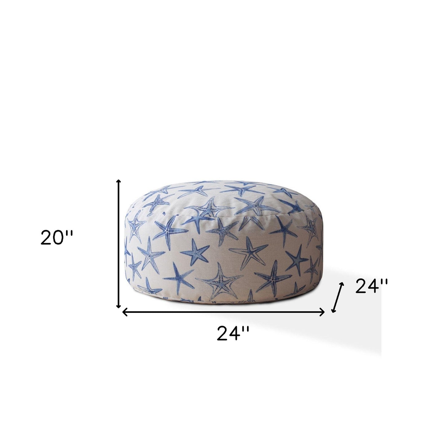 24" Blue And White Canvas Round Abstract Pouf Ottoman