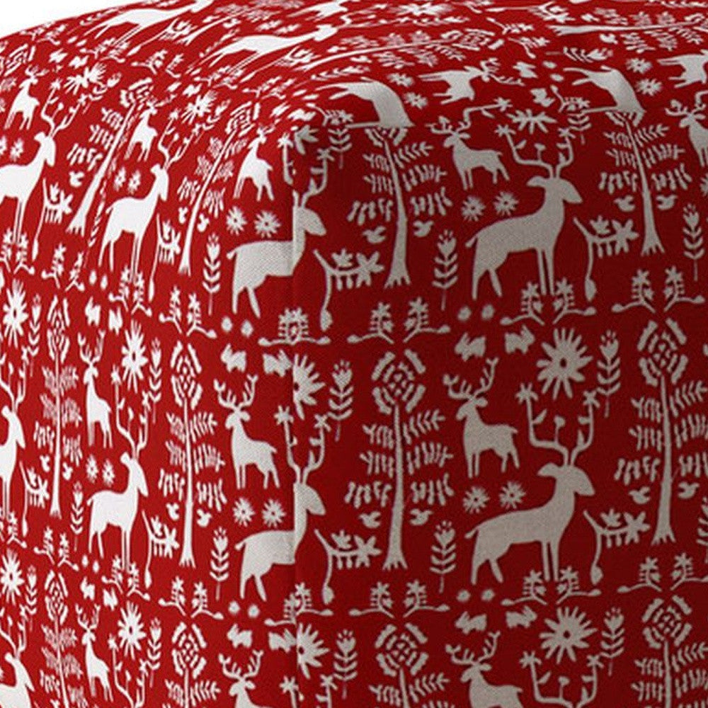 17" Red And White Cotton Stag Pouf Ottoman
