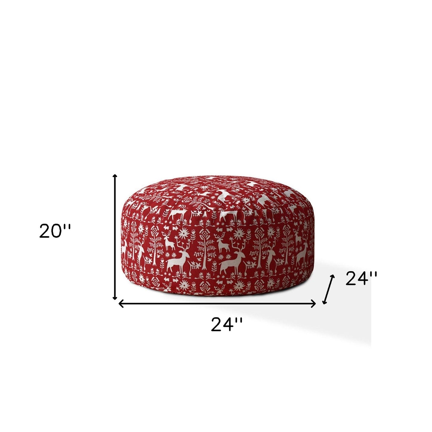 24" Red And White Cotton Round Stag Pouf Cover
