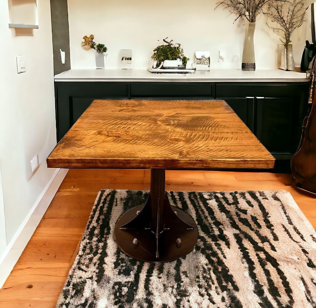 36" Brown And Black Square Solid Wood And Steel Pedestal Base Dining Table