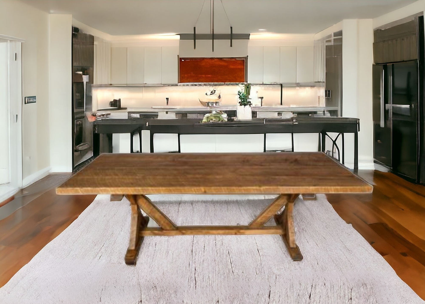 96" Brown Reclaimed Wood Trestle Base Dining Table