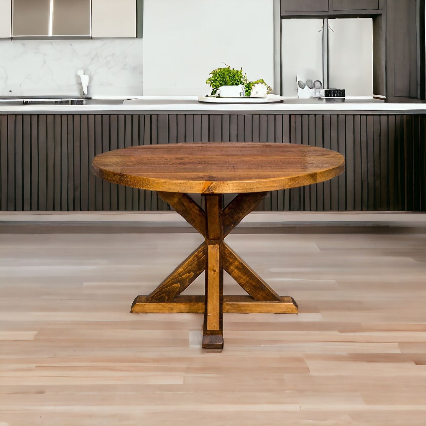42" Brown Rounded Solid Wood Trestle Base Dining Table