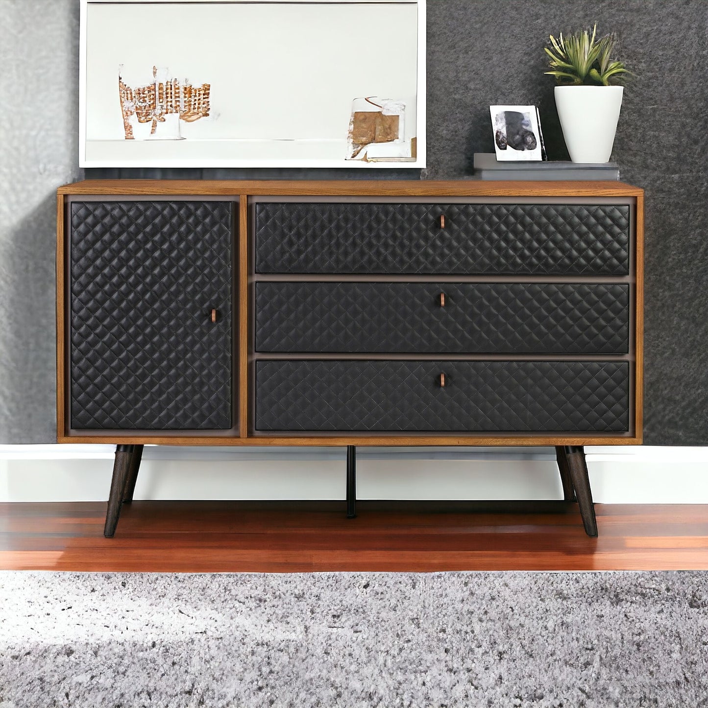 63" Brown and Black Solid Wood Three Drawer Double Dresser