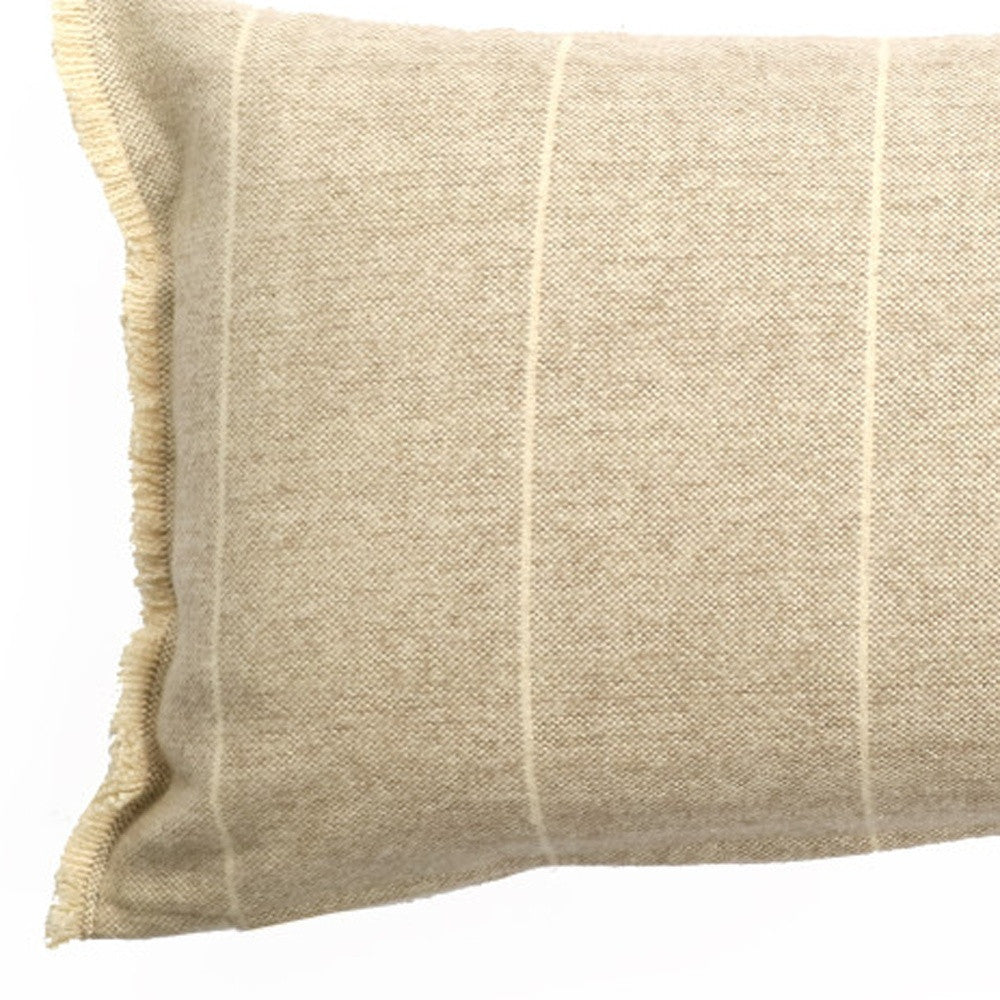 Set Of Two 12" x 24" Tan 100% Cotton Striped Zippered Pillow With Fringe