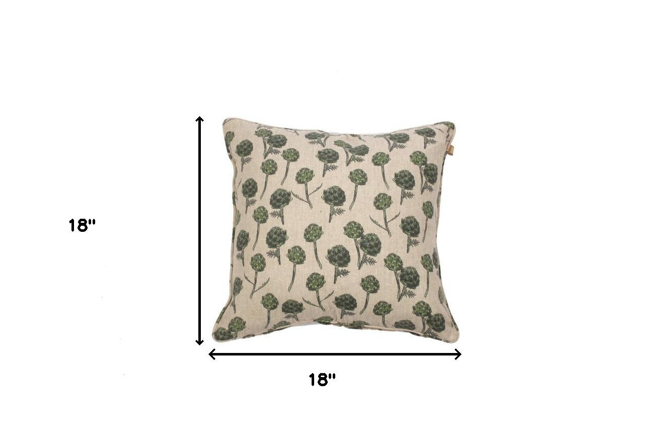 Set Of Two 18" x 18" Beige and Green 100% Cotton Artichoke Zippered Pillows
