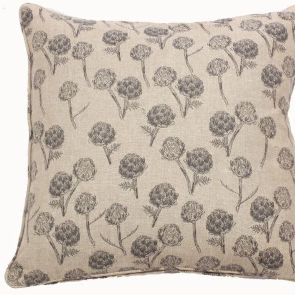 Set Of Two 18" x18" Beige and Charcoal 100% Cotton Artichoke Pillows