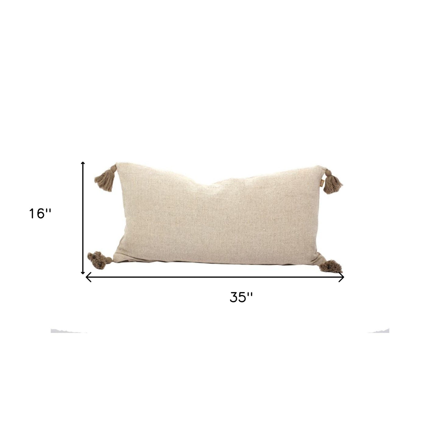 Set Of Two 16" x 35" Taupe 100% Cotton Herringbone Pillows With Tassels