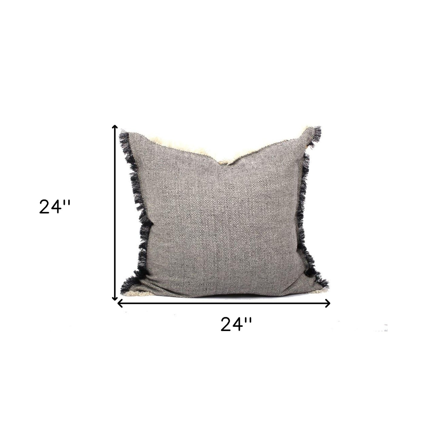 Set Of Two 24" x 24" Dark Slate Gray 100% Cotton Herringbone Pillows With Fringe