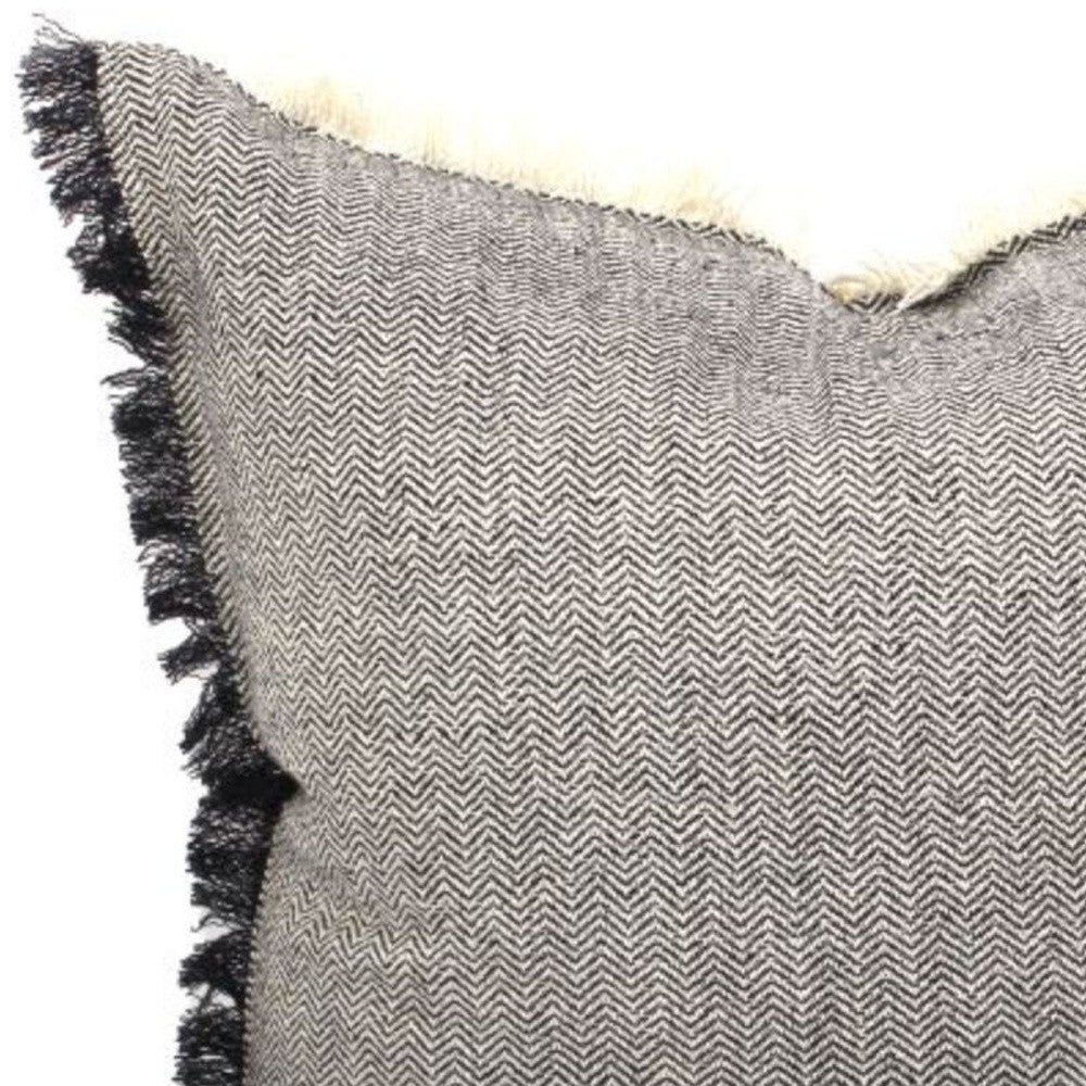 Set Of Two 24" x 24" Dark Slate Gray 100% Cotton Herringbone Pillows With Fringe