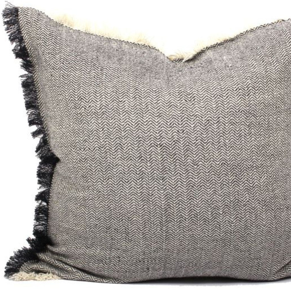 Set Of Two 24" x 24" Dark Slate Gray 100% Cotton Herringbone Pillows With Fringe