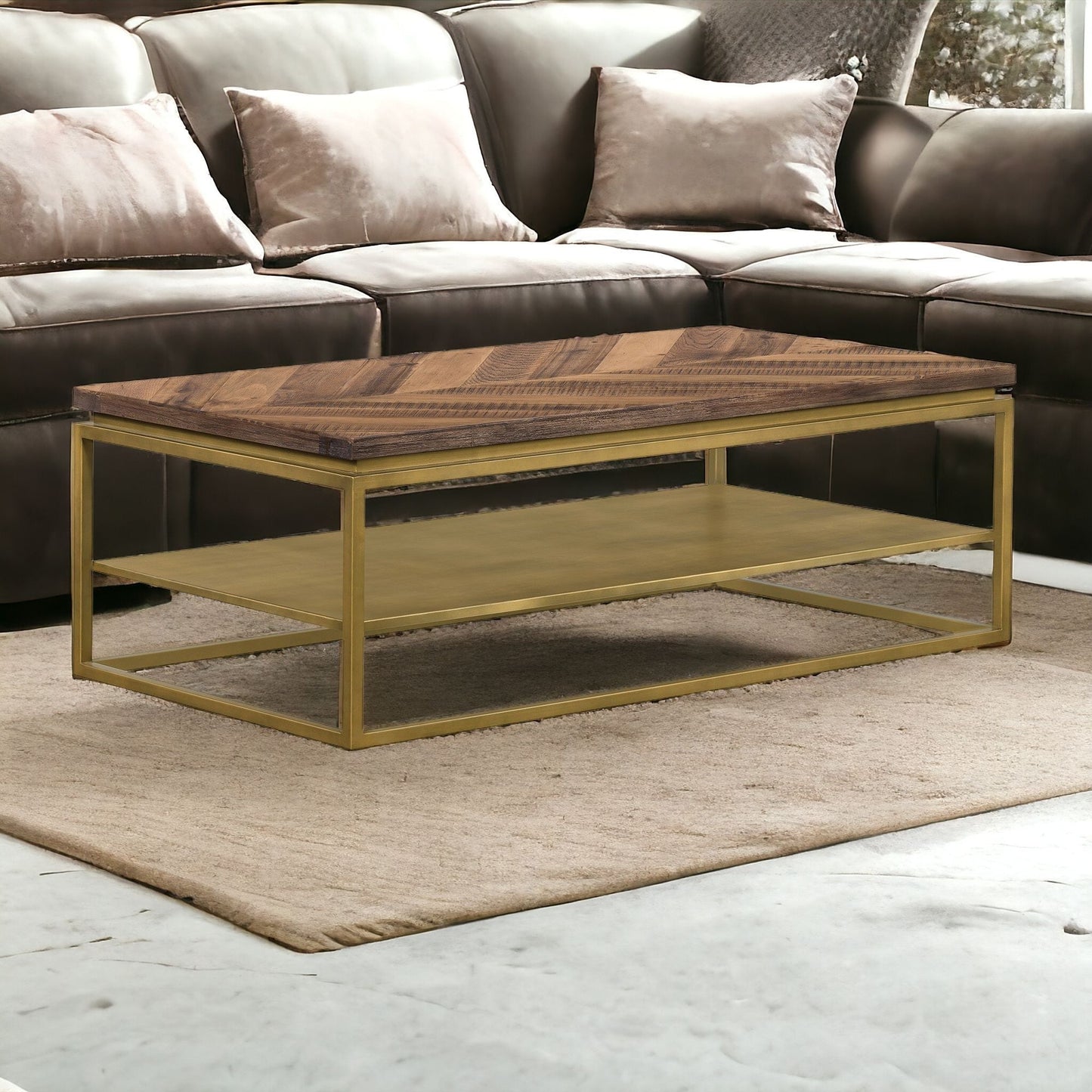 46" Brown And Brass Concrete And Brass Coffee Table With Shelf