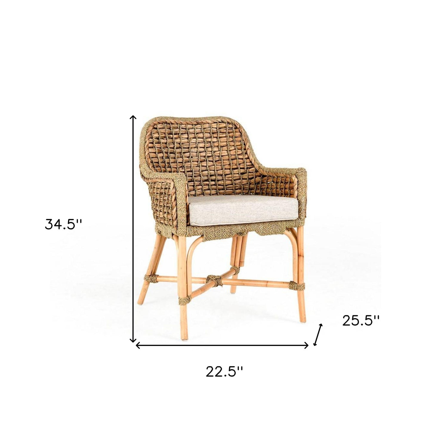 23" Solid Wood Rattan and Cushion Arm Chair