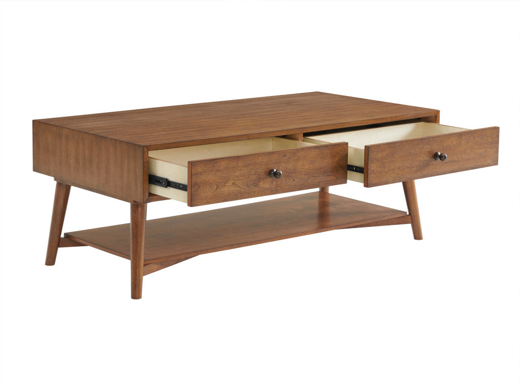 48" Cinnamon Manufactured Wood Rectangular Coffee Table With Two Drawers And Shelf