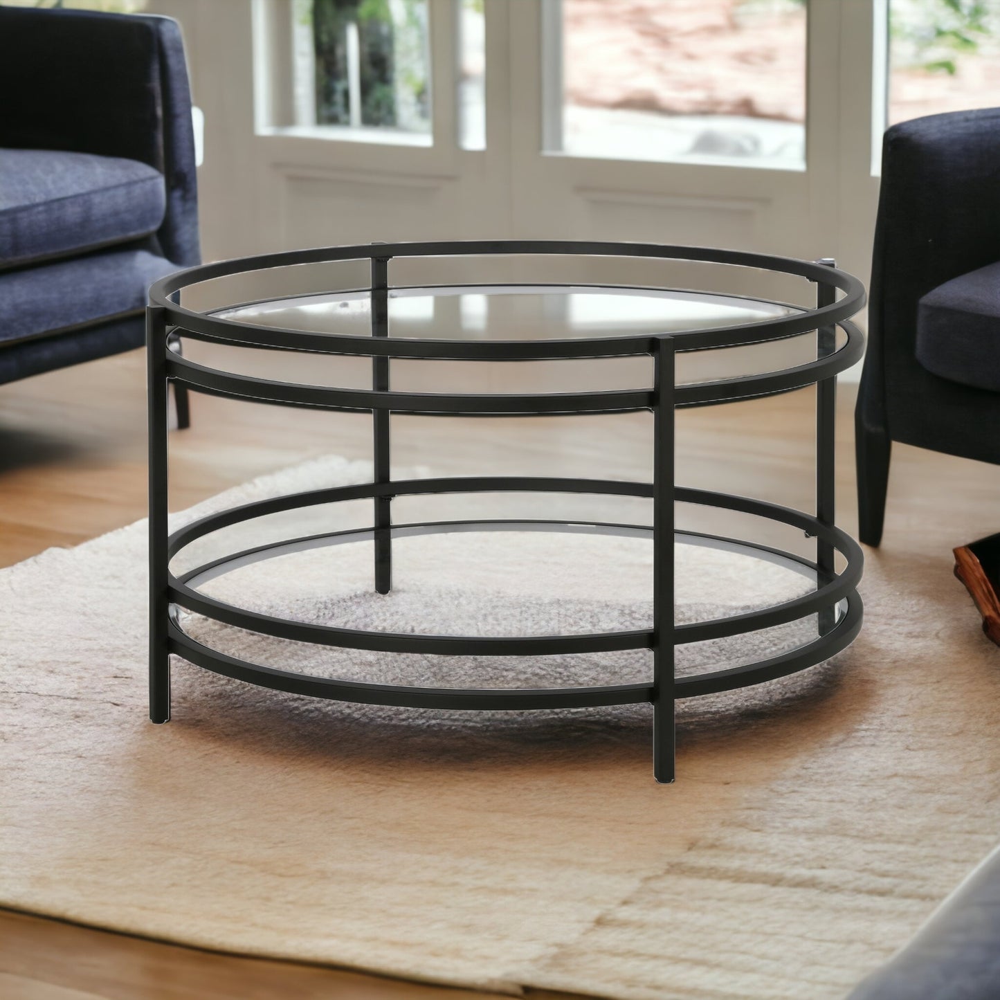 32" Black Glass And Steel Round Coffee Table With Shelf
