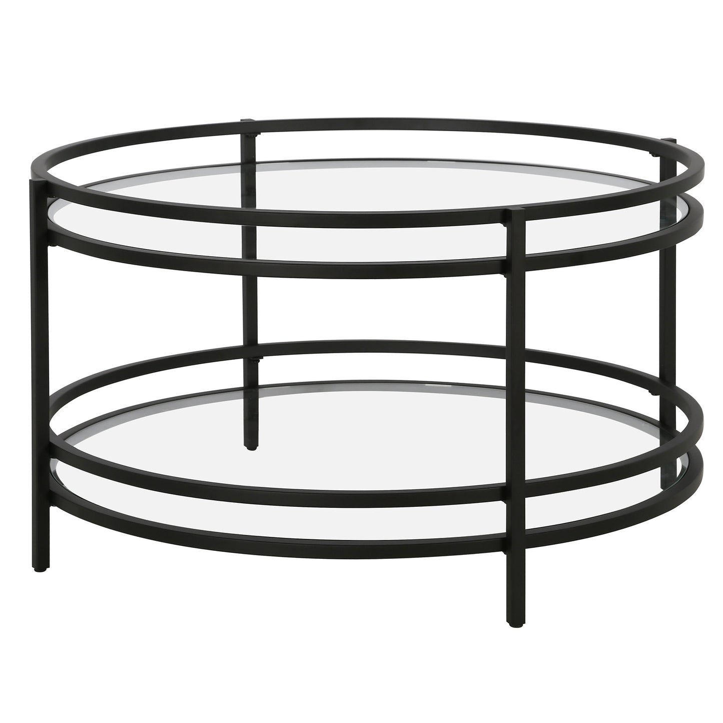 32" Black Glass And Steel Round Coffee Table With Shelf