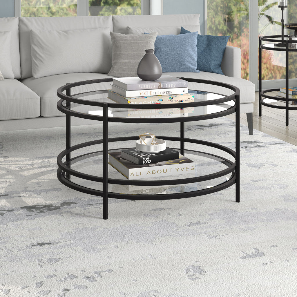 32" Black Glass And Steel Round Coffee Table With Shelf