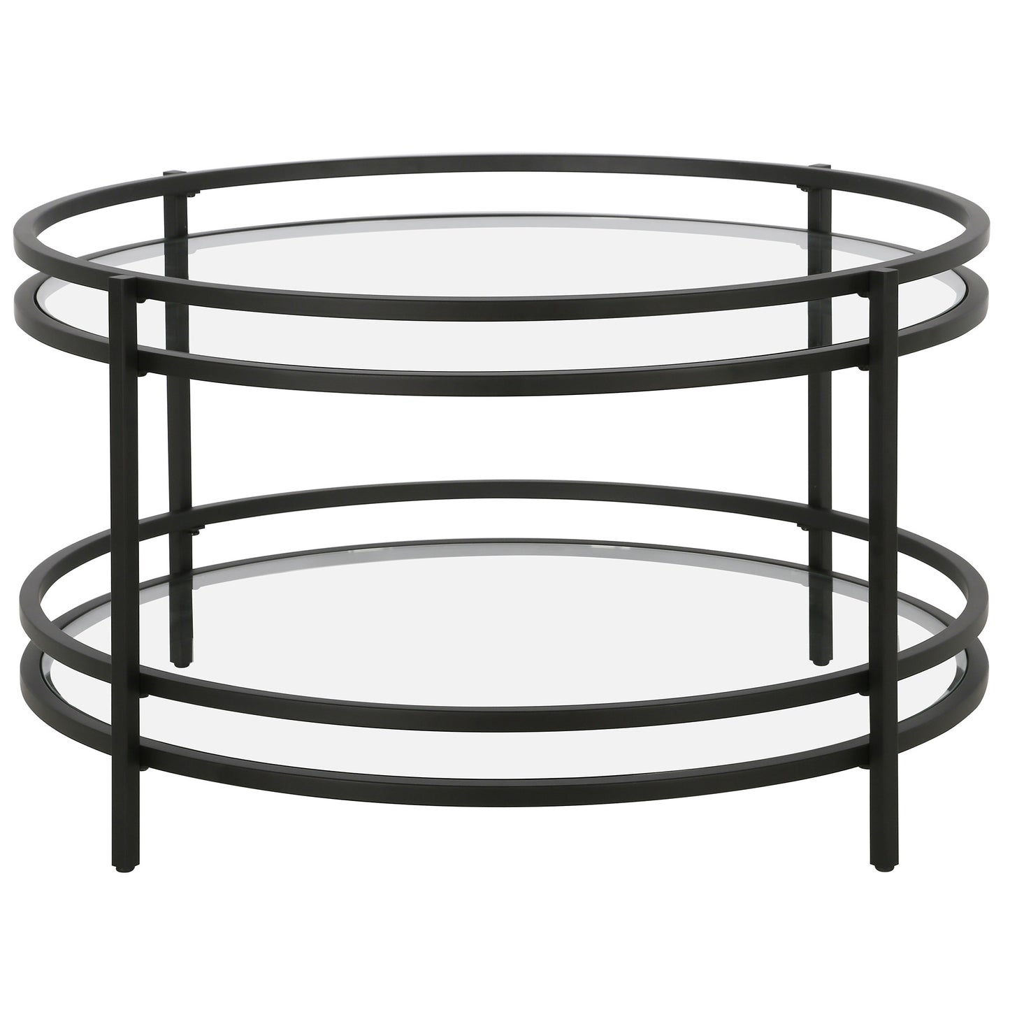 32" Black Glass And Steel Round Coffee Table With Shelf