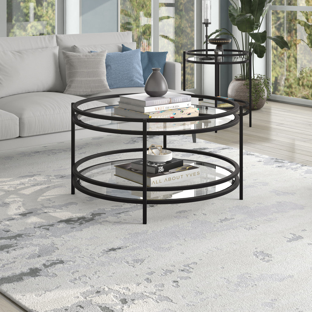32" Black Glass And Steel Round Coffee Table With Shelf