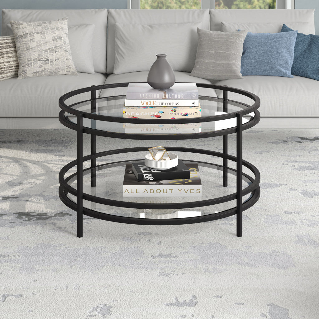 32" Black Glass And Steel Round Coffee Table With Shelf
