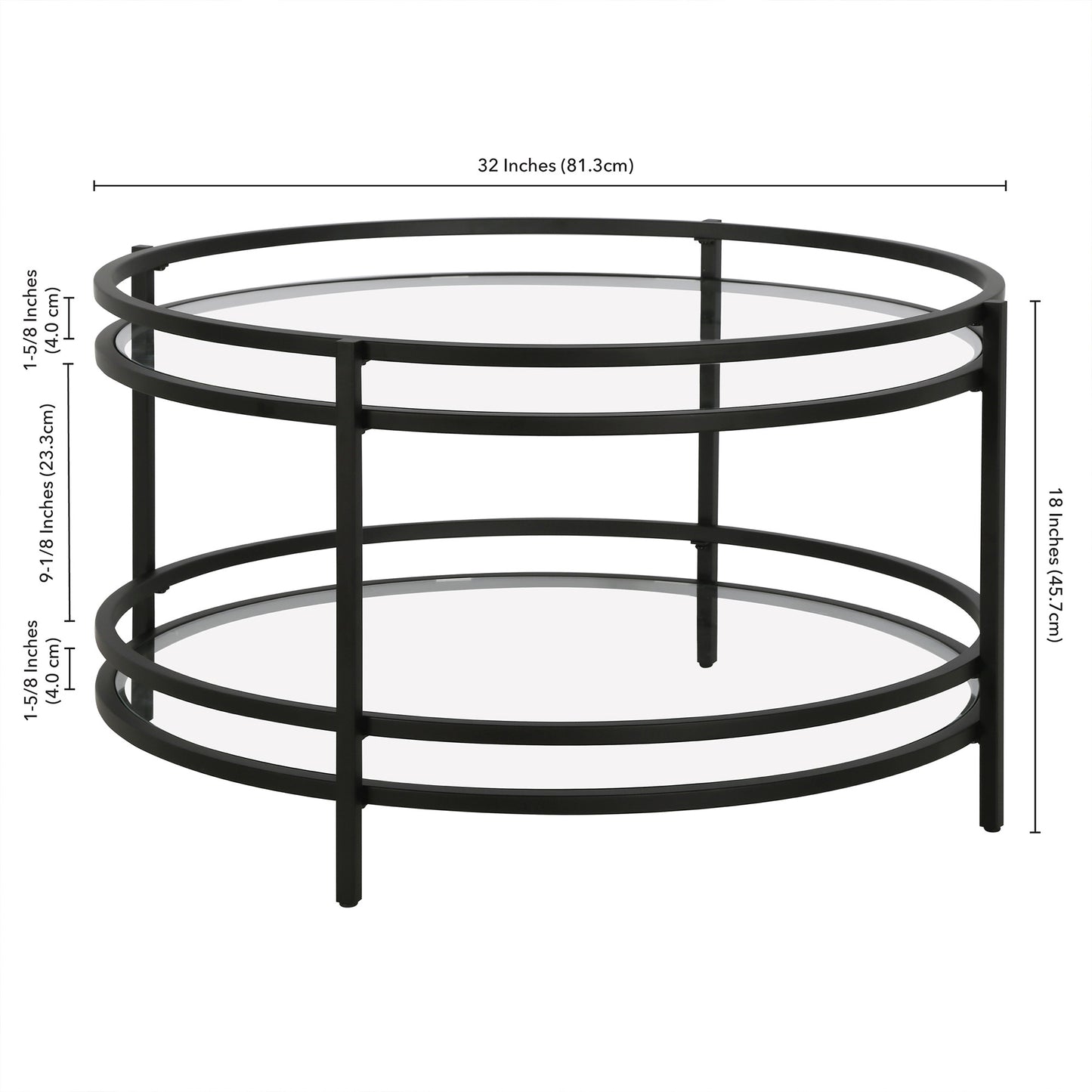 32" Black Glass And Steel Round Coffee Table With Shelf