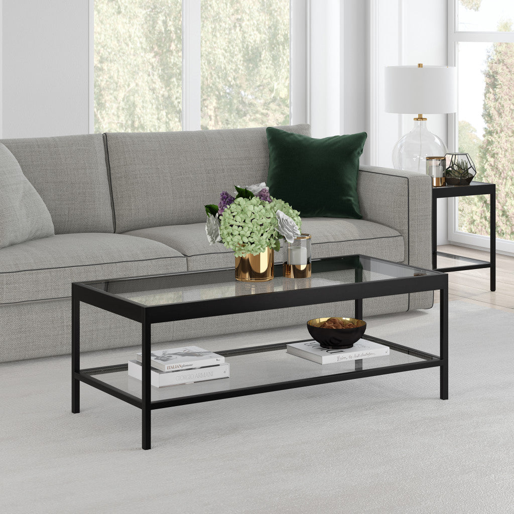 45" Black Glass And Steel Coffee Table With Shelf