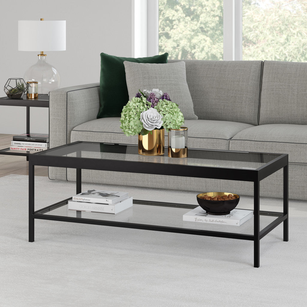 45" Black Glass And Steel Coffee Table With Shelf