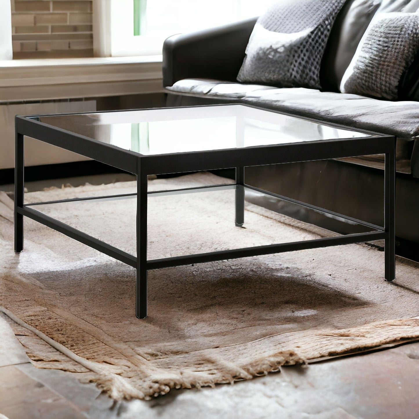 32" Black Glass And Steel Square Coffee Table With Shelf