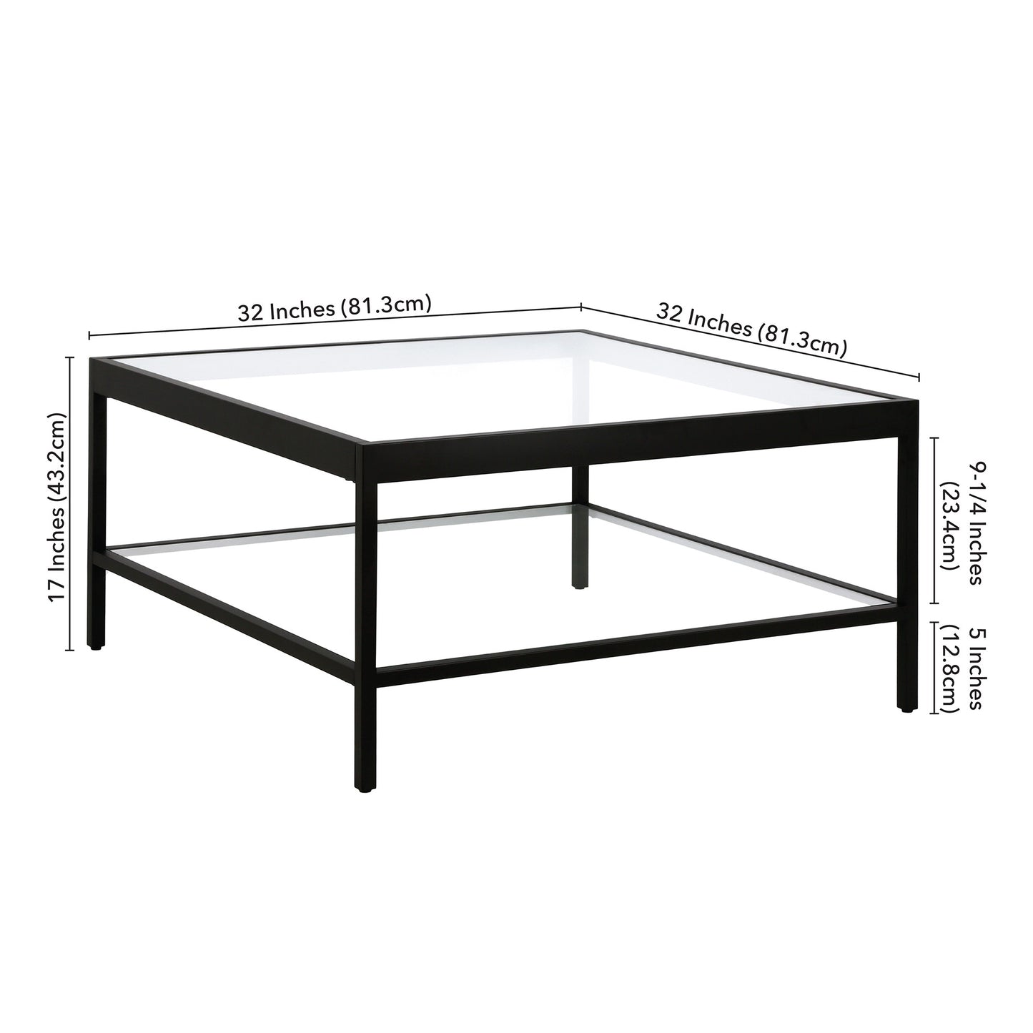 32" Black Glass And Steel Square Coffee Table With Shelf