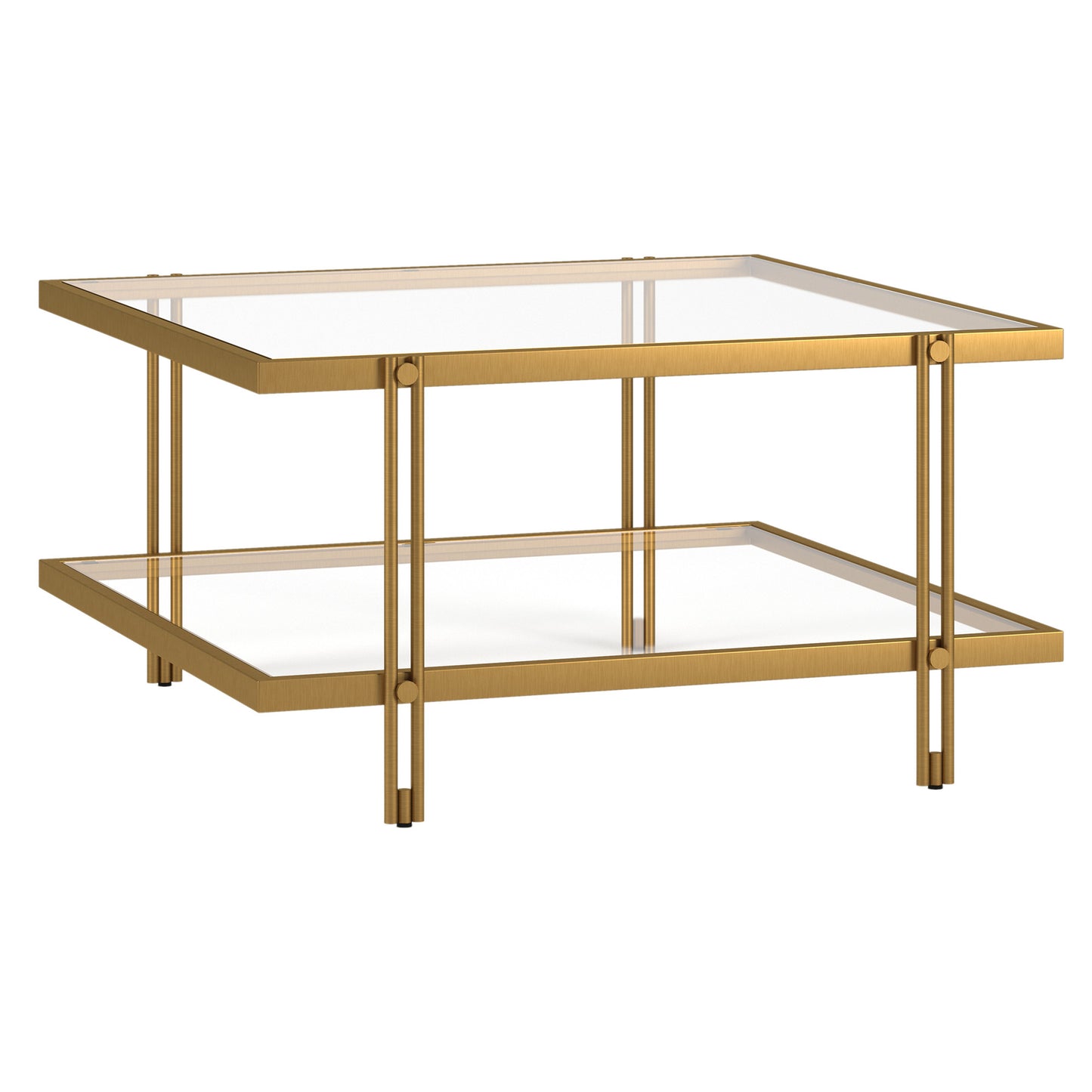 32" Gold Glass And Steel Square Coffee Table With Shelf