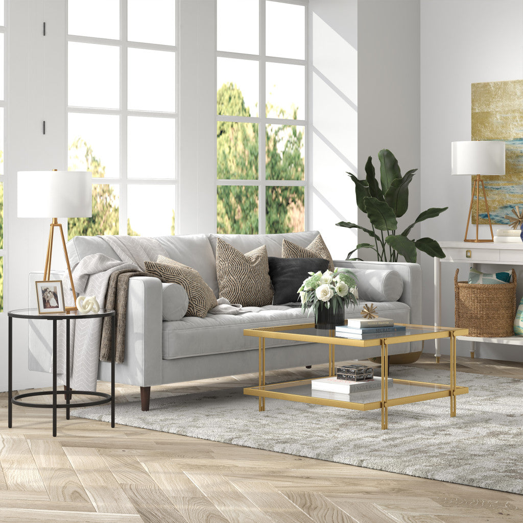 32" Gold Glass And Steel Square Coffee Table With Shelf