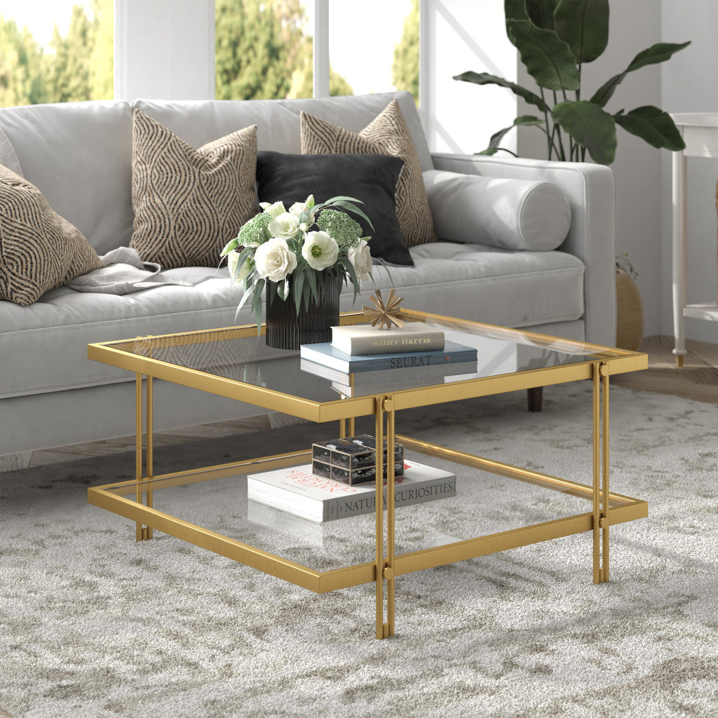 32" Gold Glass And Steel Square Coffee Table With Shelf