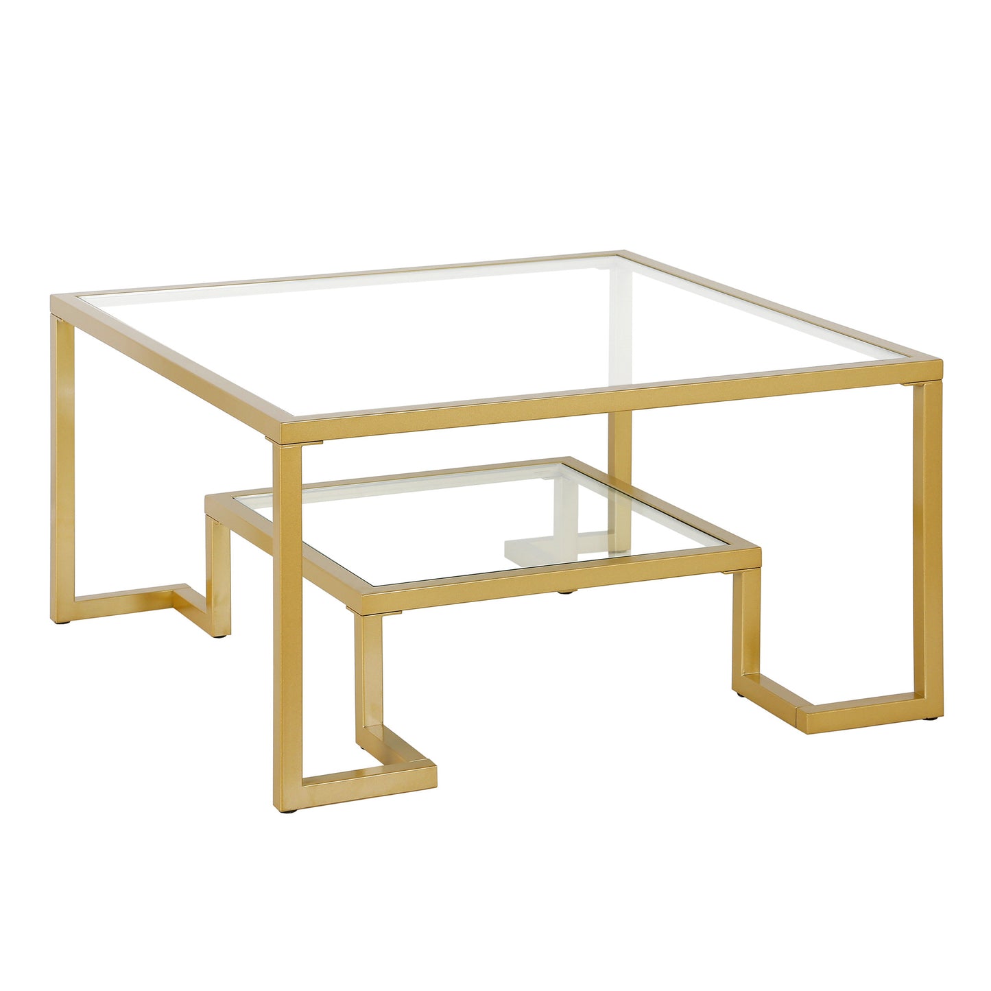 32" Gold Glass And Steel Square Coffee Table With Shelf