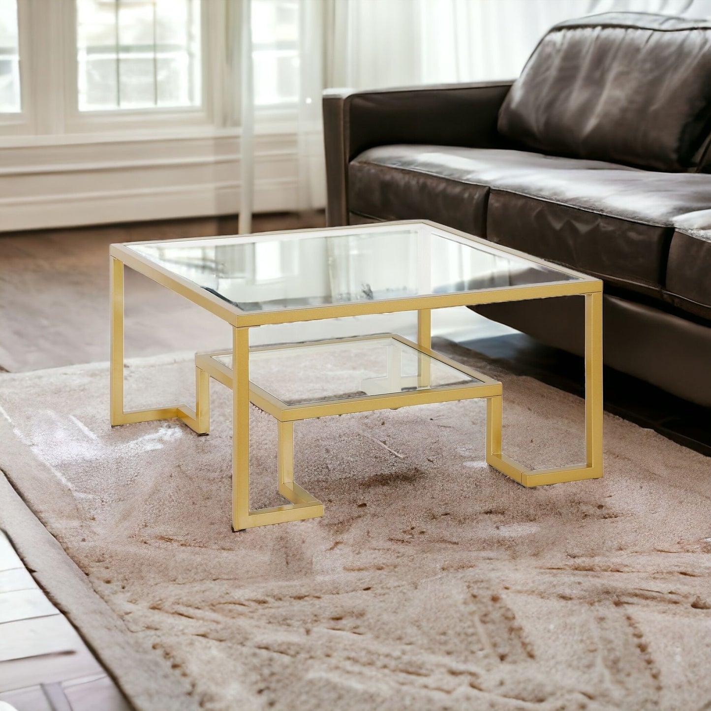 32" Gold Glass And Steel Square Coffee Table With Shelf