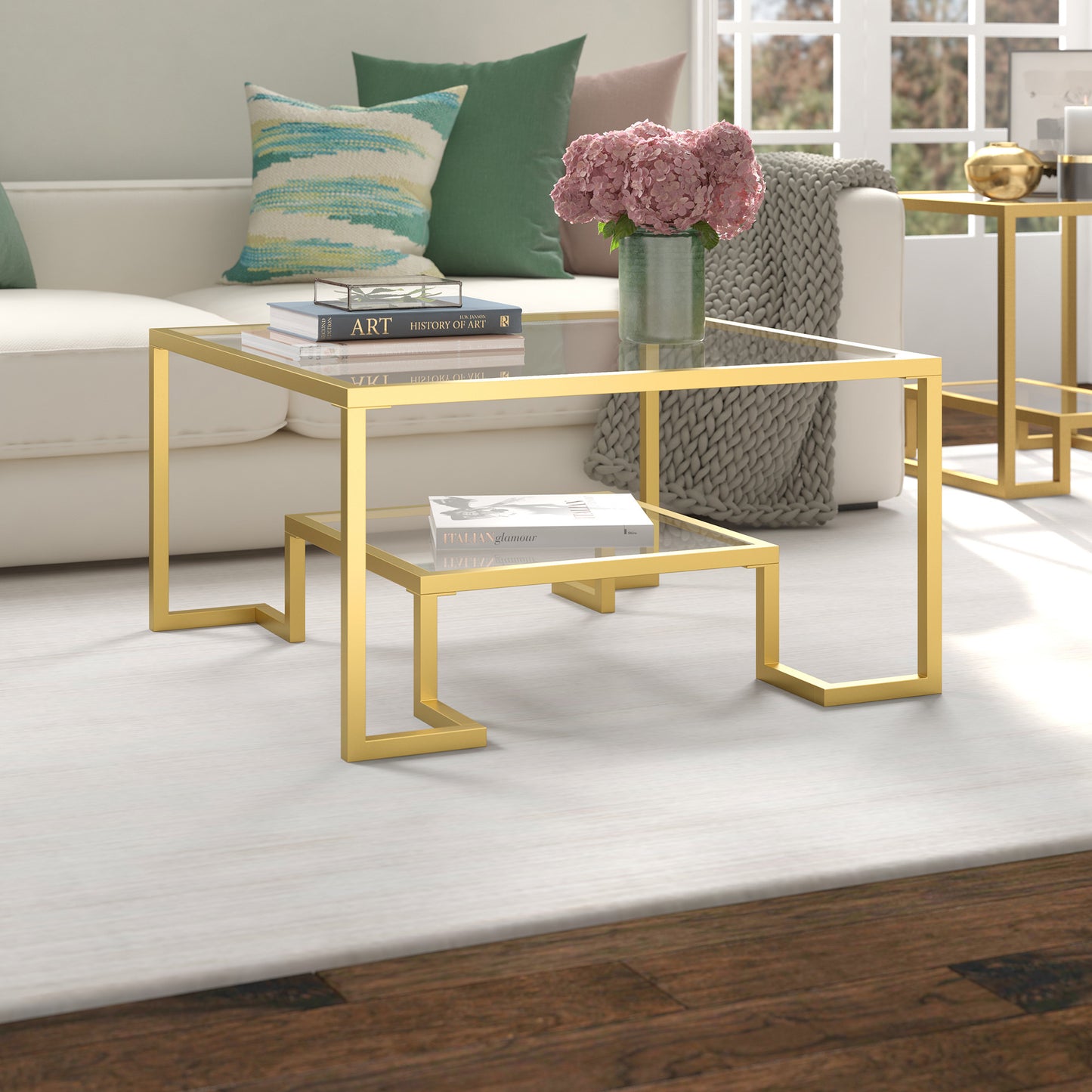 32" Gold Glass And Steel Square Coffee Table With Shelf