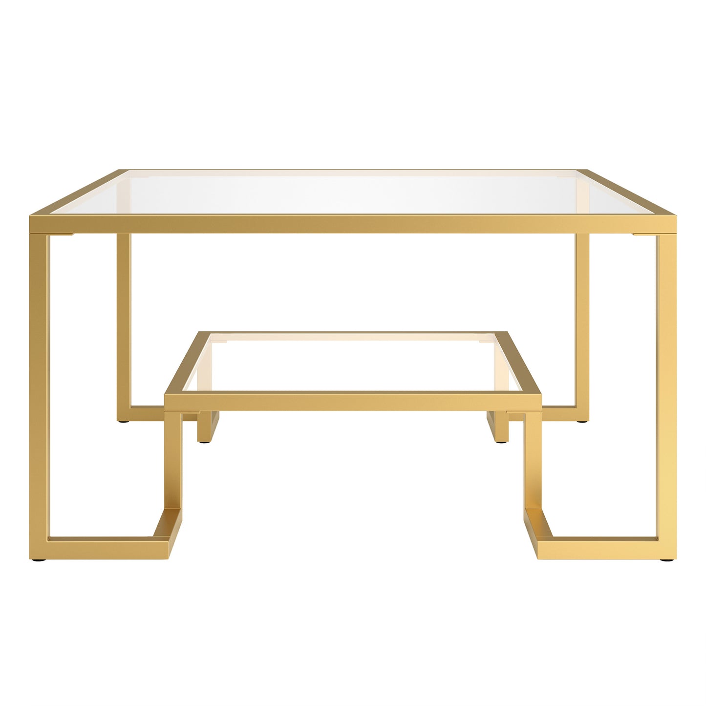 32" Gold Glass And Steel Square Coffee Table With Shelf