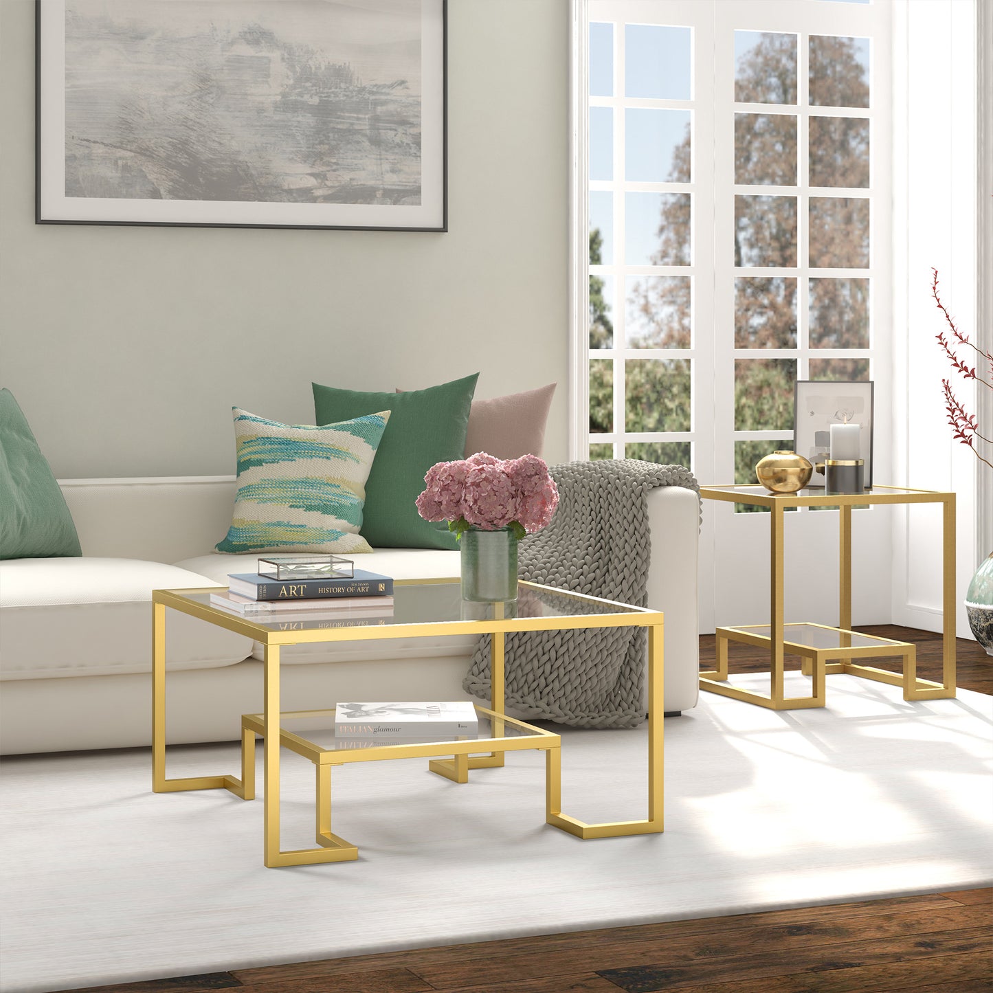 32" Gold Glass And Steel Square Coffee Table With Shelf