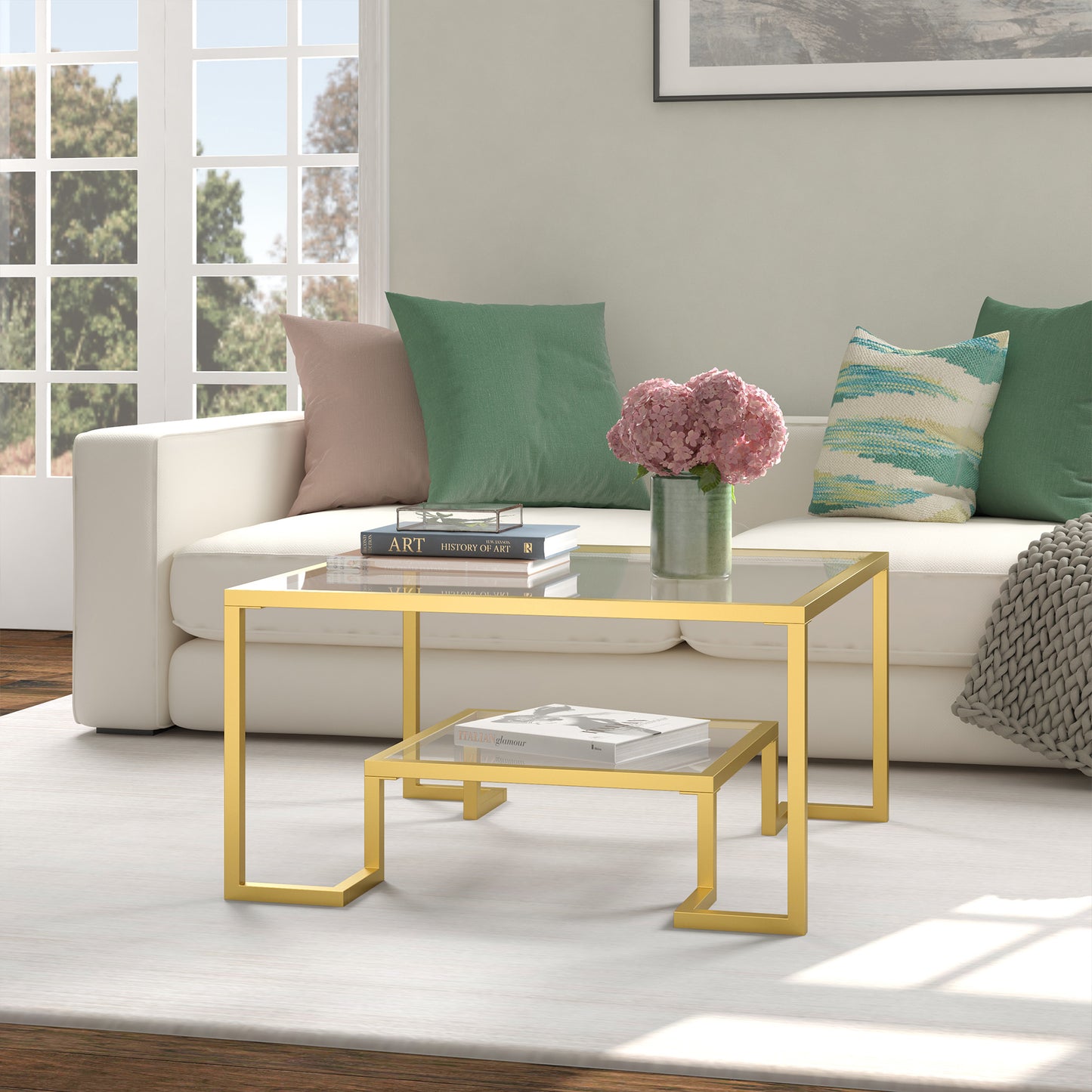 32" Gold Glass And Steel Square Coffee Table With Shelf