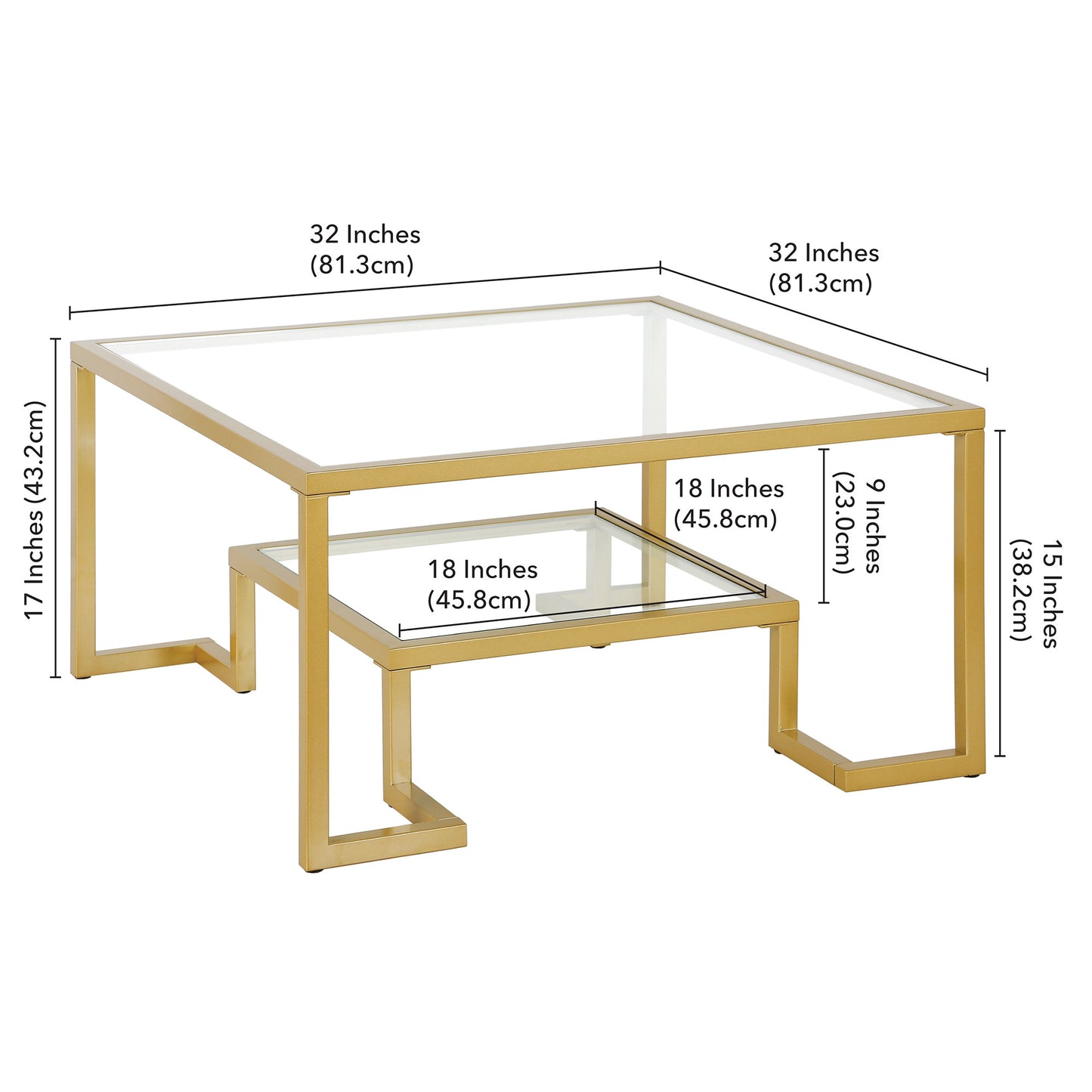 32" Gold Glass And Steel Square Coffee Table With Shelf
